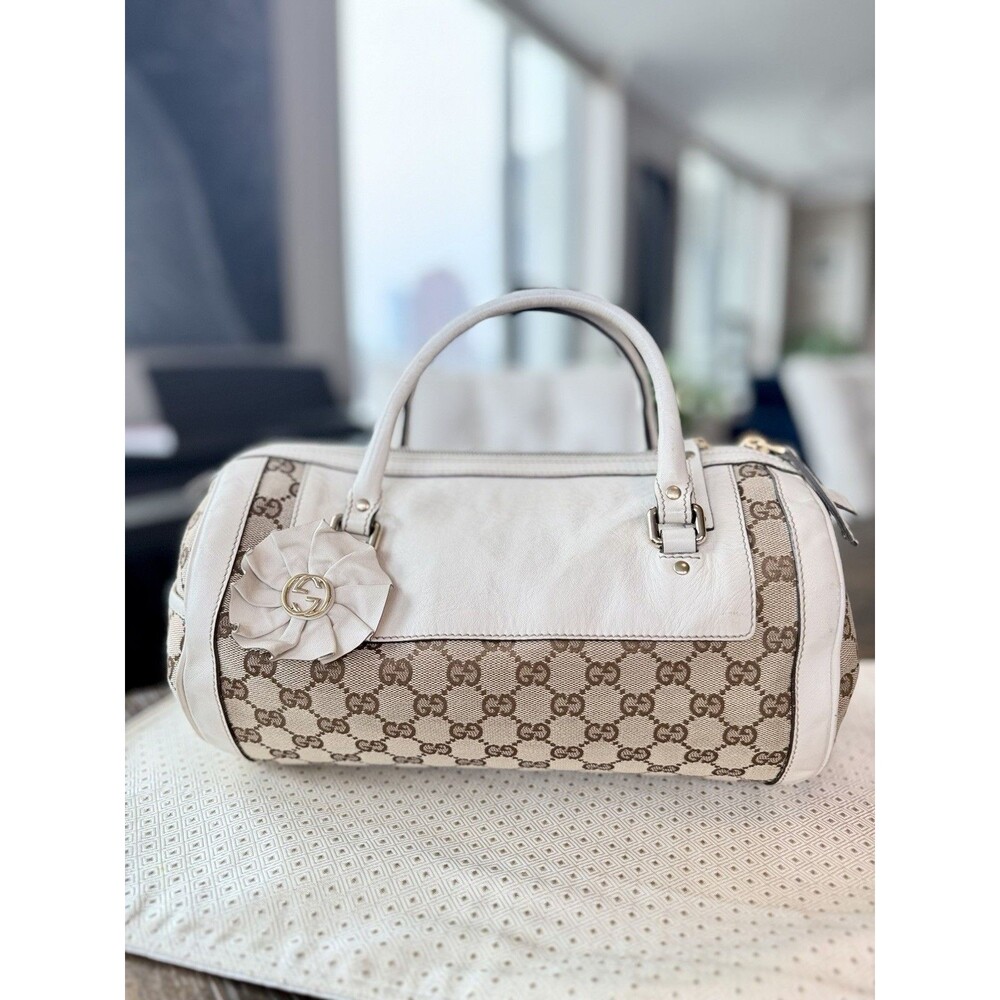 Gucci GG Canvas Boston Bag with flower GG bag charm crossbody, top handle